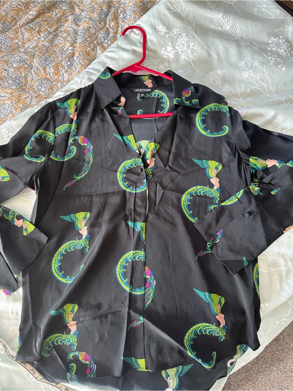 Catherine Gee Daria French Cuff Silk Blouse — Black with Green Print - Picture 3 of 11